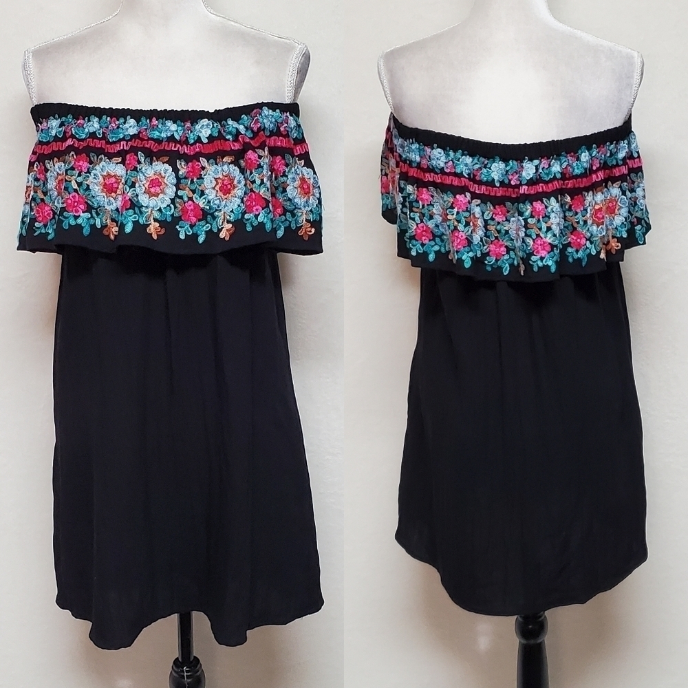 UMGEE USA Black Fiesta Floral Embroidered Off-Shoulder Side Pocket Midi Dress S